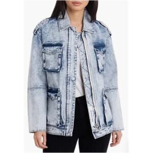 Avec Les Filles Acid Wash Denim Utility Jacket Size Medium Safari Style